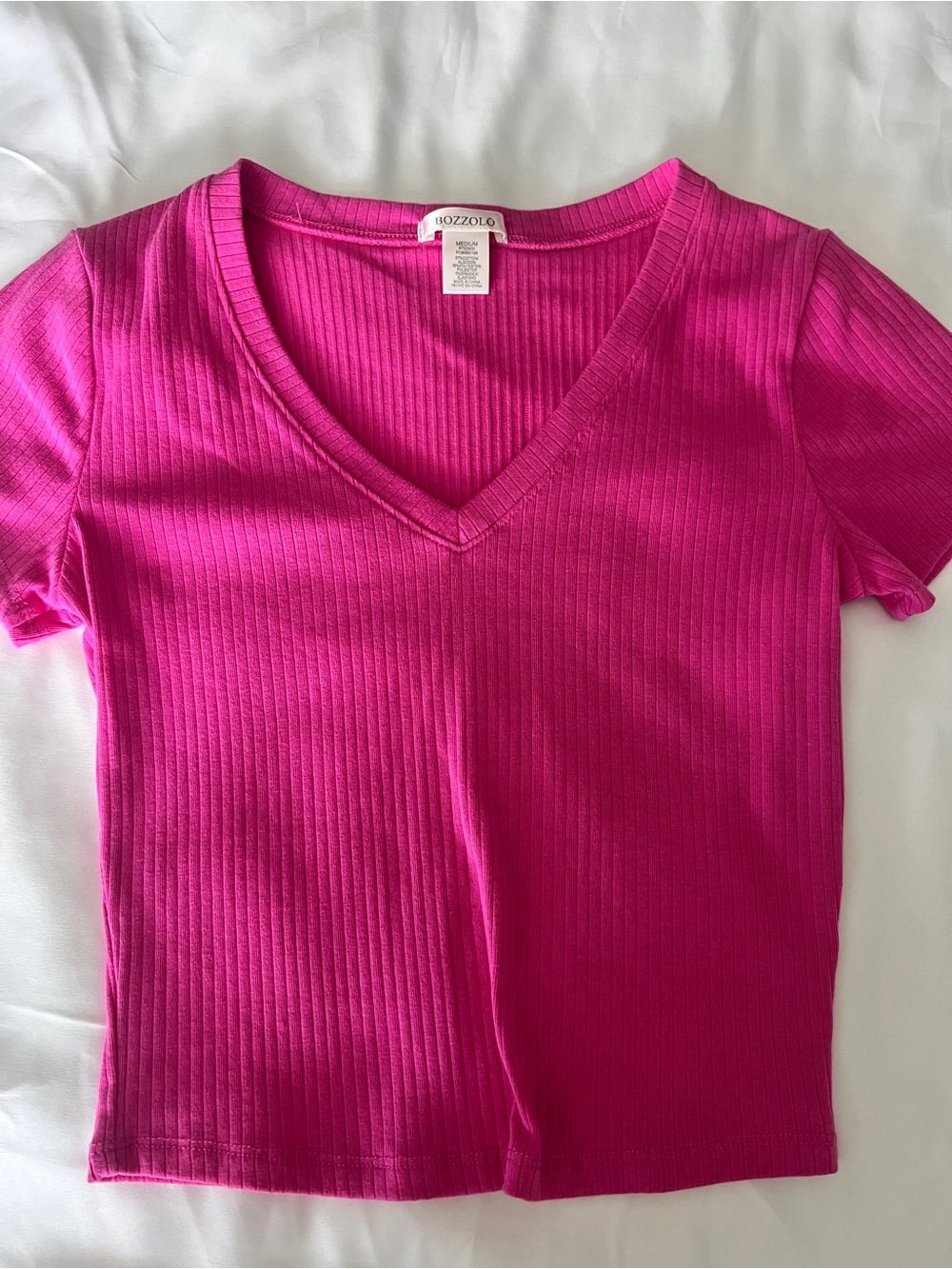 Ribbed V-Neck Tee - Bright Pink